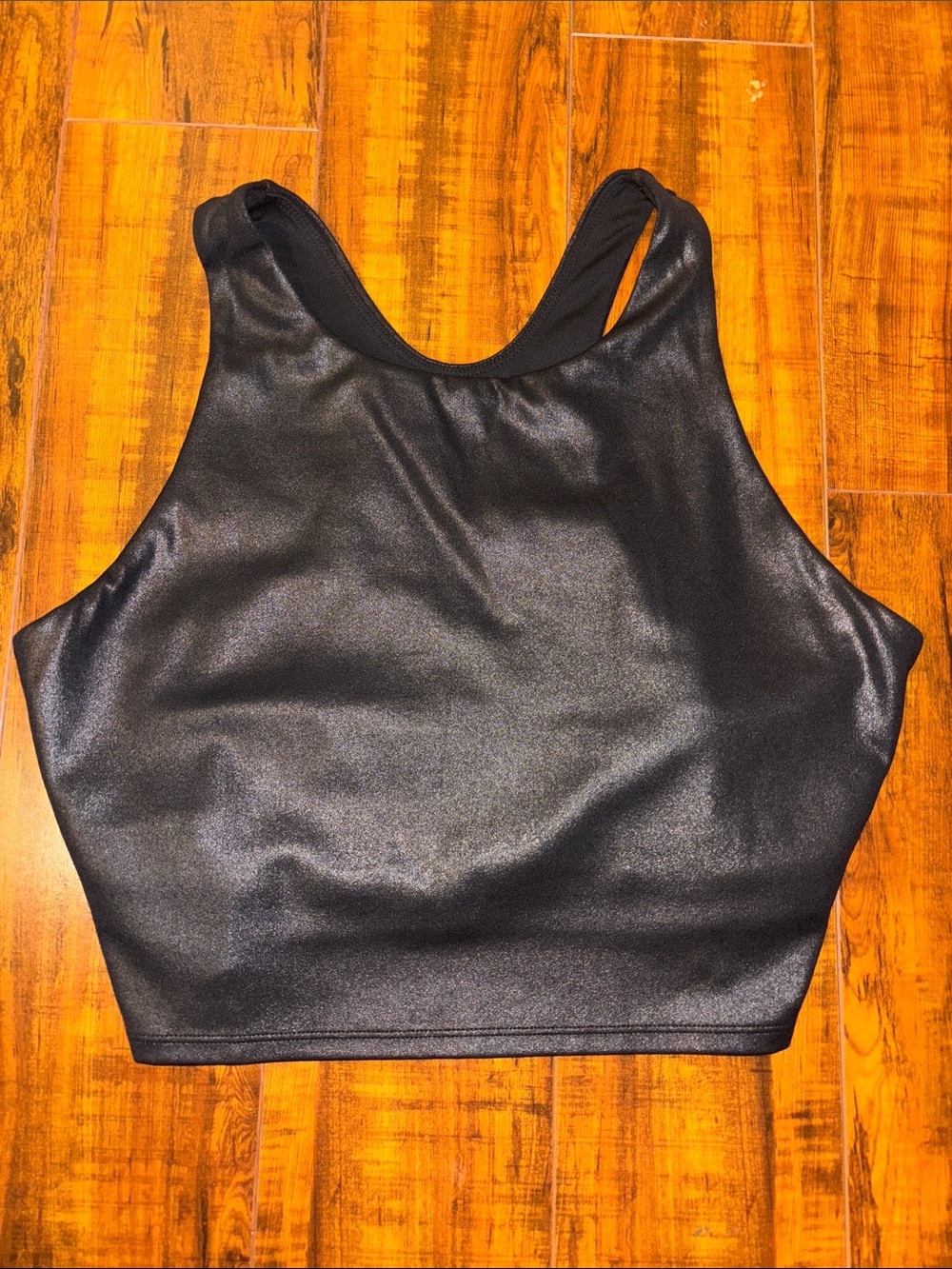 CRZ YOGA Shiny Black High Neck Racerback Crop Top